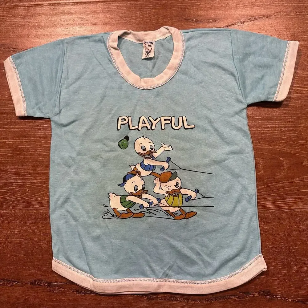Vintage 60s Ringer T Shirt Youth S Blue Short Sleeve Duck Cartoon Playful VTG